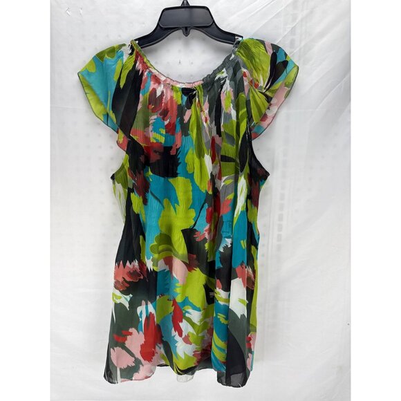 Sunny Leigh XL Watercolor Floral Ruffle Blouse Sheer Short Sleeve Artsy Colorful - Picture 5 of 6
